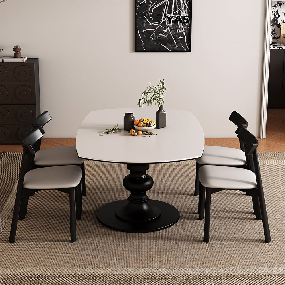 Extendable Round Dining Table Solid Wood Base Sintered Stone Top Convertible Oval Table Space Saving Expandable Dining Table