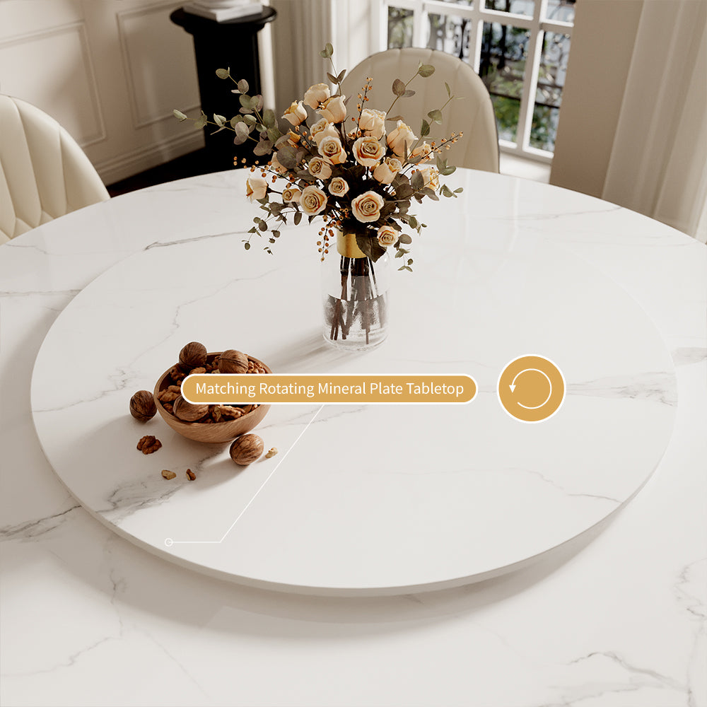 Round Dining Table Lazy Susan Marble Effect X Metal Base Perfect for 4-6 People