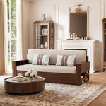 Load image into Gallery viewer, Alternate angle of sofa bed with accessories like pillows and throw blankets
