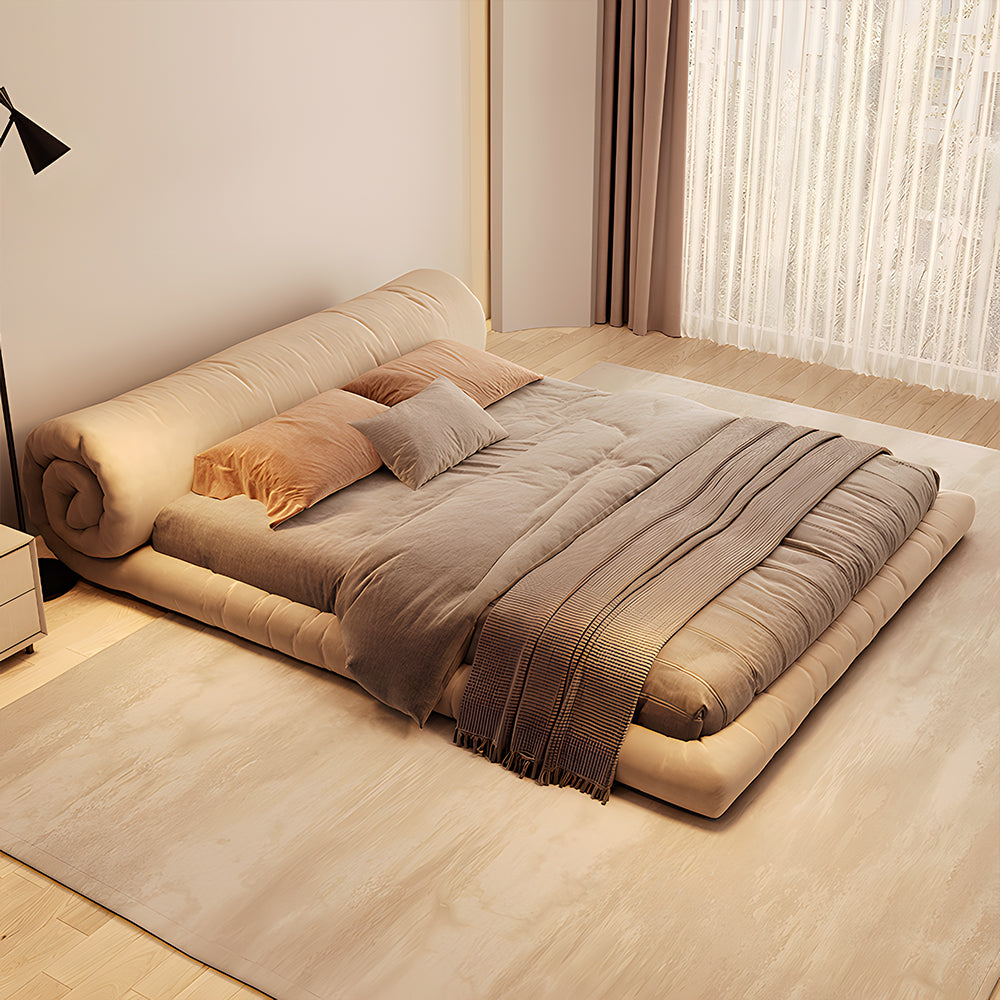 Minimalist Japanese-Style Tatami Bed Fabric Steel-Wood Slatted Frame