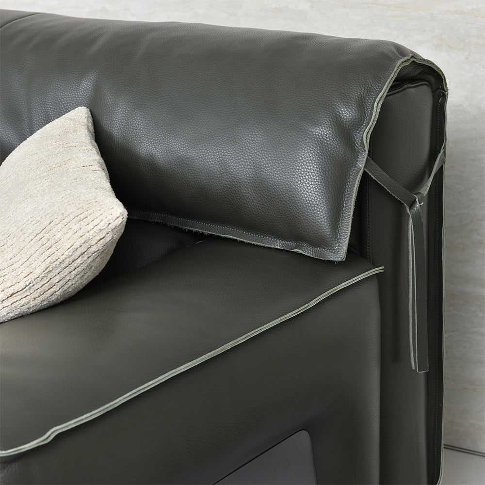 132.28" Modern Minimalist Genuine Leather Sofa Deep Green Upholstered Couch Wide Seat Living Room Sofa with Clean Lines