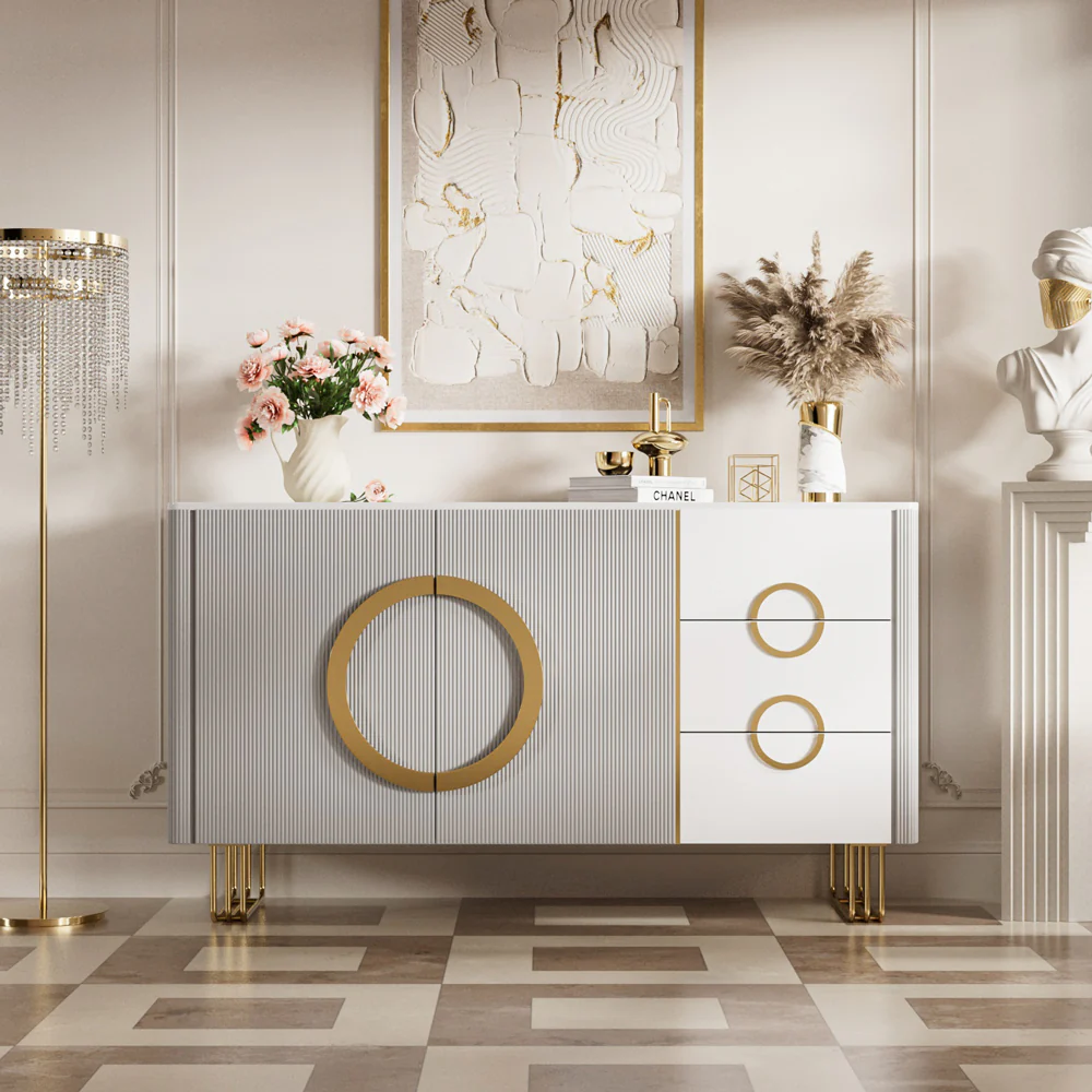 Modern Luxury Dining Set Sculptural Wood & Marble-Effect Table × White-and-Gold Buffet Cabinet