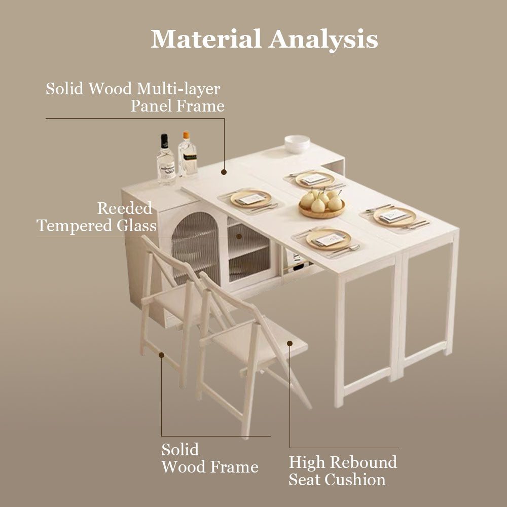 Multi-Functional Dining Table Rotating & Foldable Sideboard Sintered Stone Top Storage Cabinet with Fluted Glass Doors