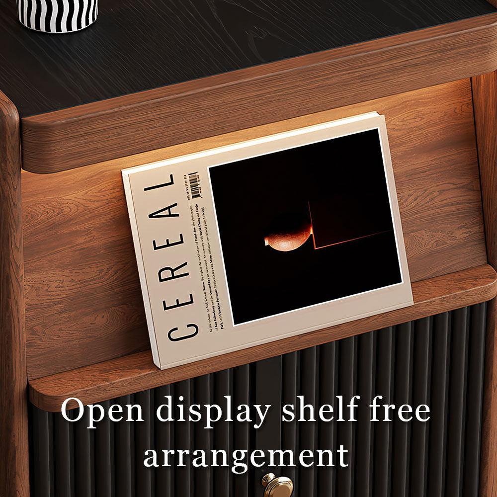 Modern Walnut Nightstand with Fluted Cabinet Door and Open Storage Shelf