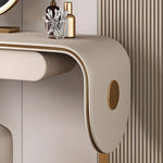 Load image into Gallery viewer, 47.2'' Modern Luxury Vanity Desk with Round Mirror Cream Finish Makeup Table with Storage Drawers and Gold Base with Stool
