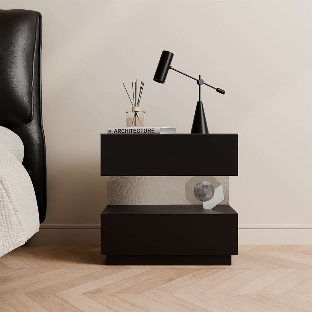 Contemporary Black Nightstand with Scratch-Resistant Leather & Motion Sensor Lighting