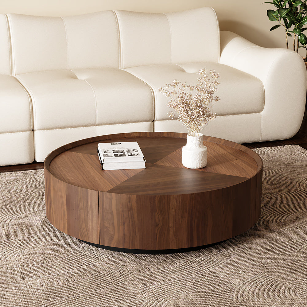 Round Wooden Coffee Table Modern Minimalist Design Large Storage Space