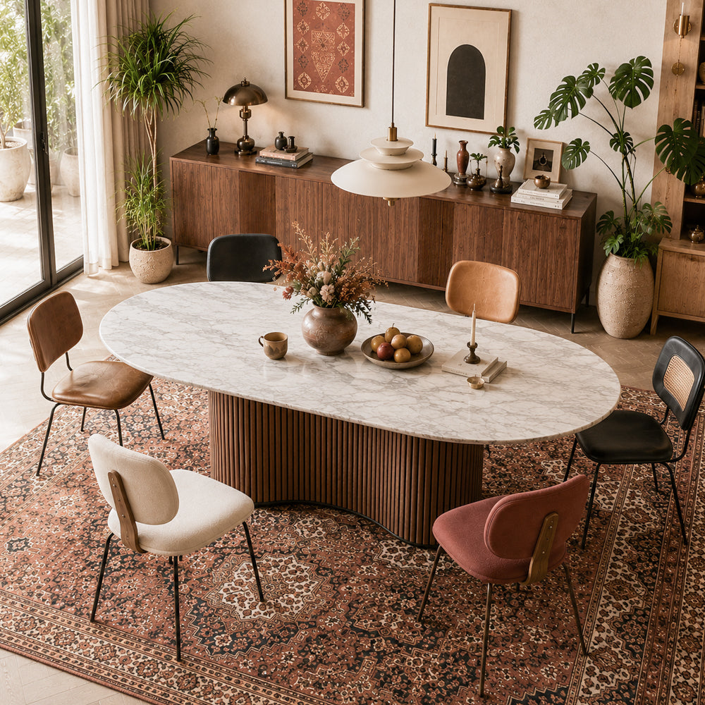 Sculptural Fluted Base Oval Dining Table with Sintered Stone Top