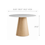 Load image into Gallery viewer, Modern Round Dining Table with Walnut Veneer Top &amp; Travertine-Inspired Pedestal Base
