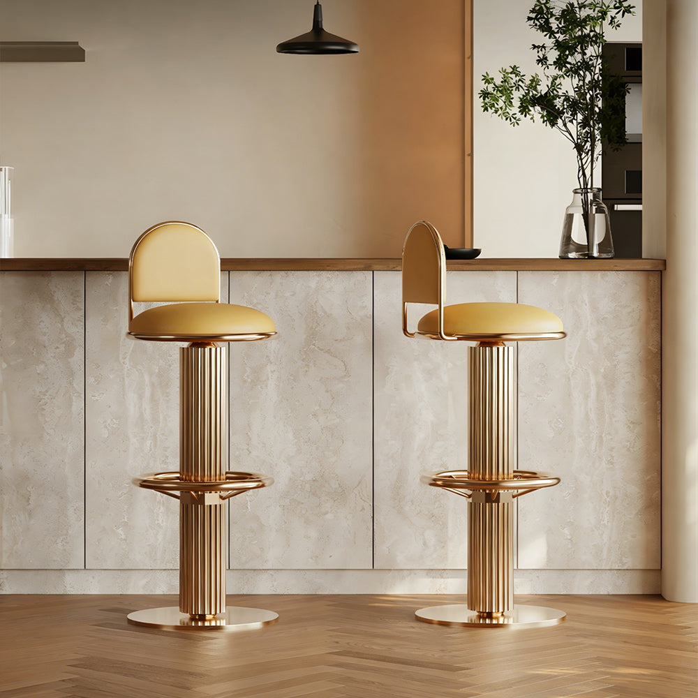 Modern Luxury Gold Swivel Bar Stool with Upholstered Seat and Fluted Pedestal Base 1 Piece