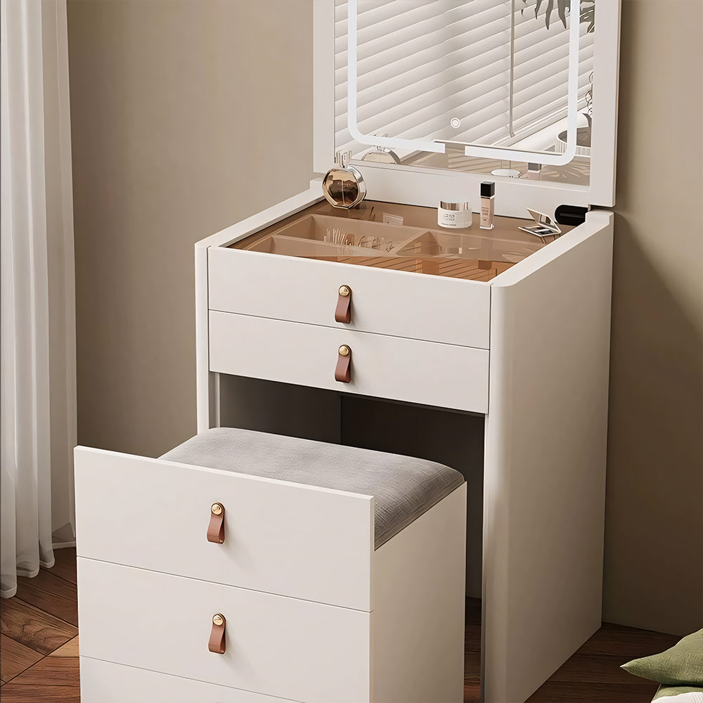 Functional Makeup Vanity Built-in Mirror Organized Storage Drawers Rolling Stool