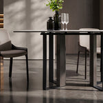 Load image into Gallery viewer, Modern White Sintered Stone Dining Table with Black Geometric Carbon Steel Base
