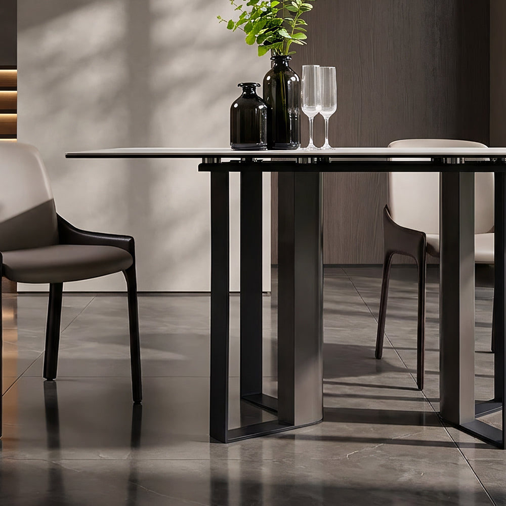 Modern White Sintered Stone Dining Table with Black Geometric Carbon Steel Base