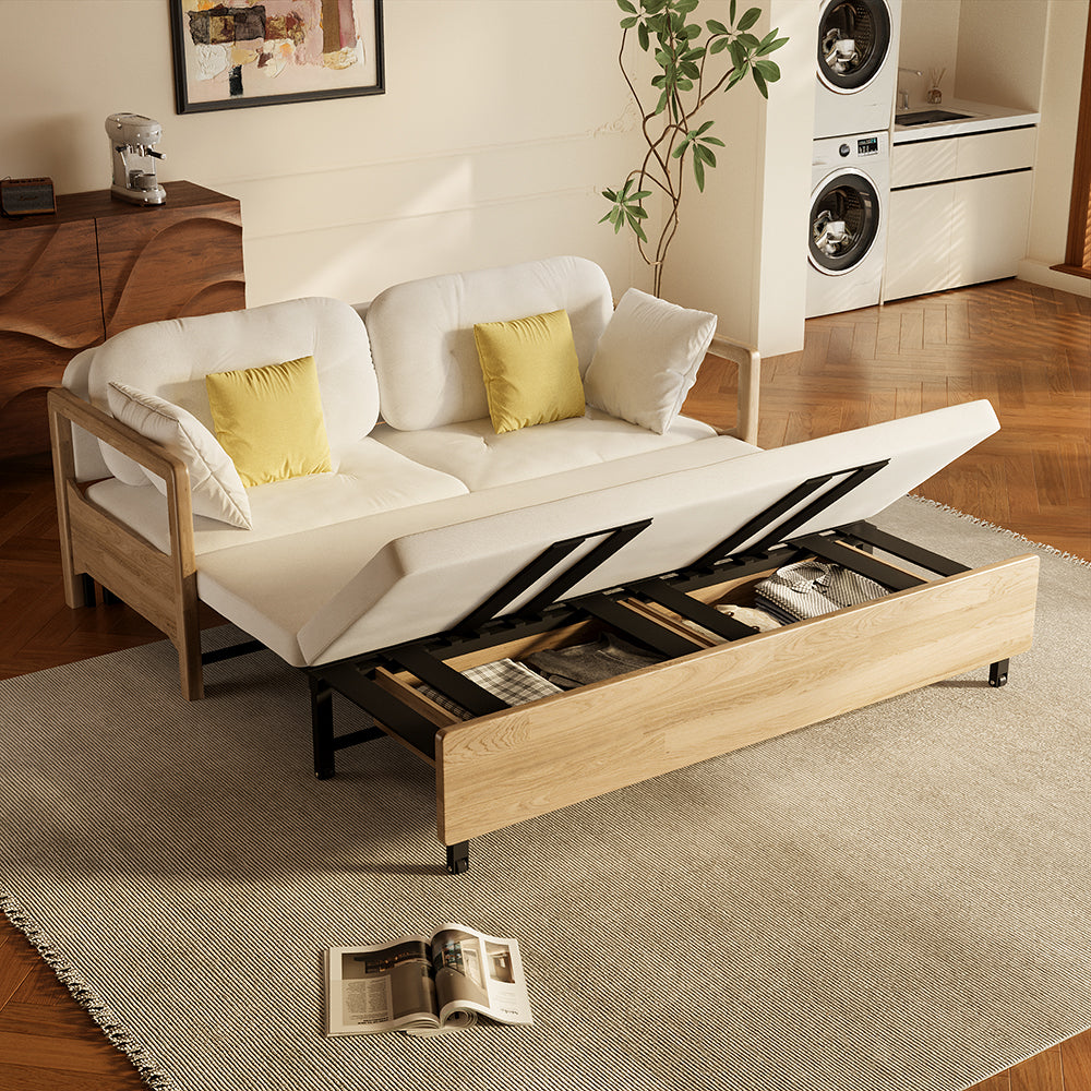 Detail of storage drawer rails beneath convertible sofa bed