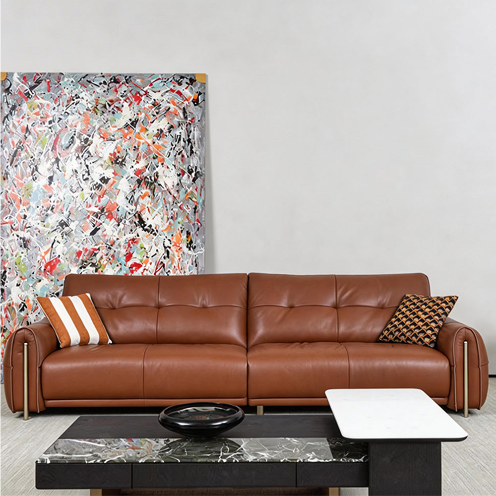 Modern Genuine Leather Sofa Warm Brown Upholstered Couch Three Seater Living Room Sofa with Wide Seat and Clean Lines