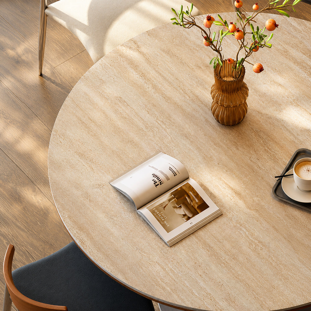31.49" Modern Round Meeting Table Walnut Wood Veneer Pedestal Base Compact Dining & Conversation Table