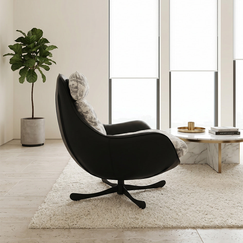 Printed Swivel Lounge Chair with Black Faux Leather Shell