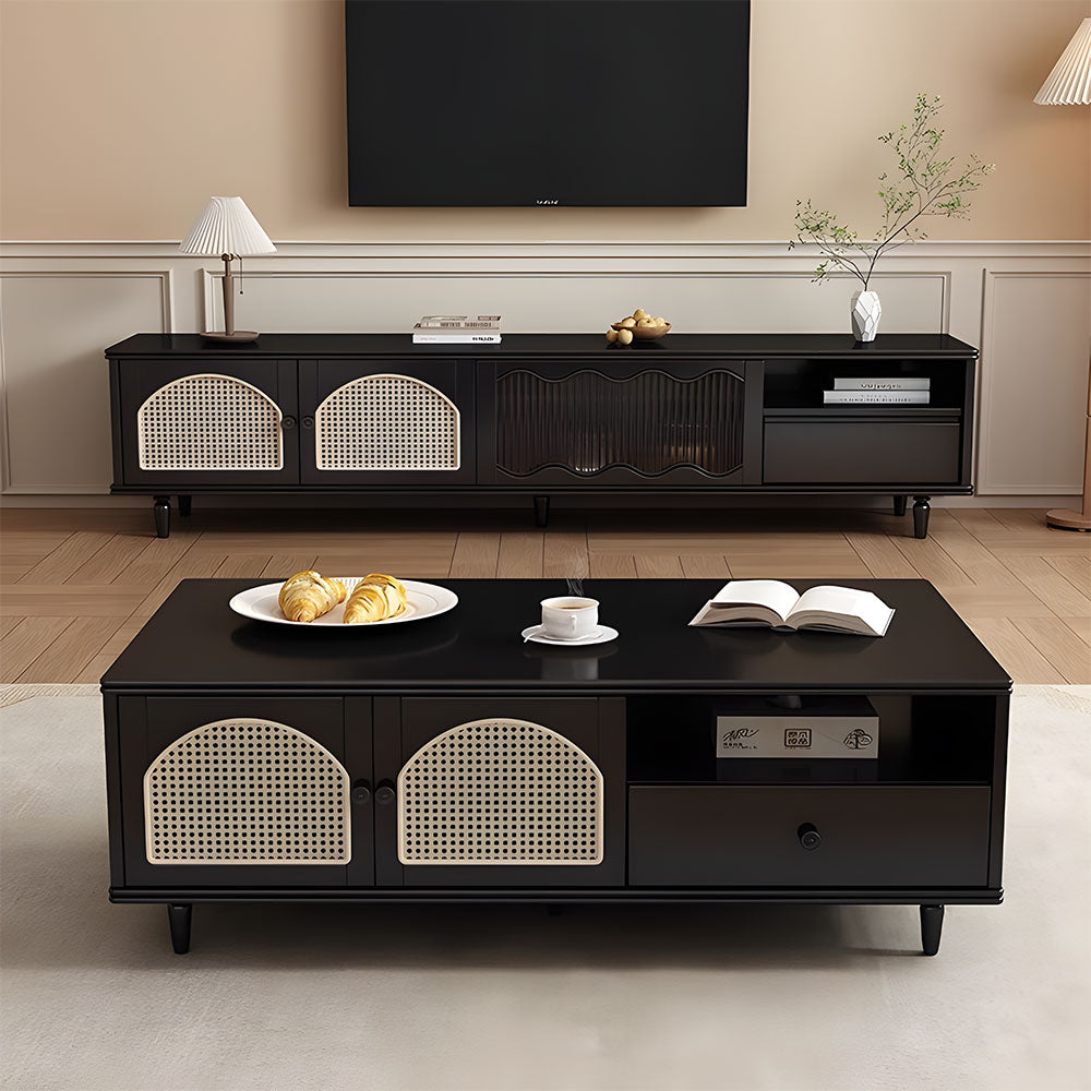 Mid-Century Modern TV Cabinet Cane and Ribbed Glass Design Elegant Wooden Entertainment Center