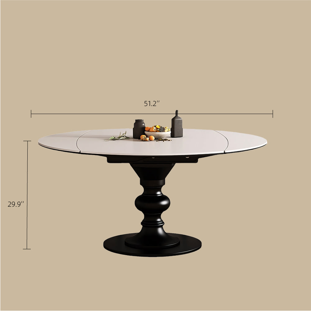 Extendable Round Dining Table Solid Wood Base Sintered Stone Top Convertible Oval Table Space Saving Expandable Dining Table