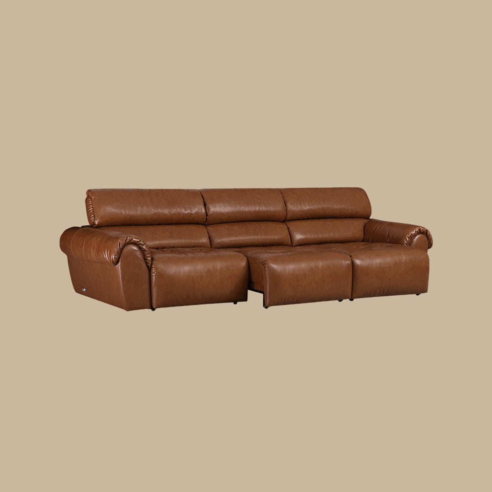 119.2'' Modern Genuine Leather Power Reclining Sofa Remote Control Adjustable Seats Brown Leather Couch