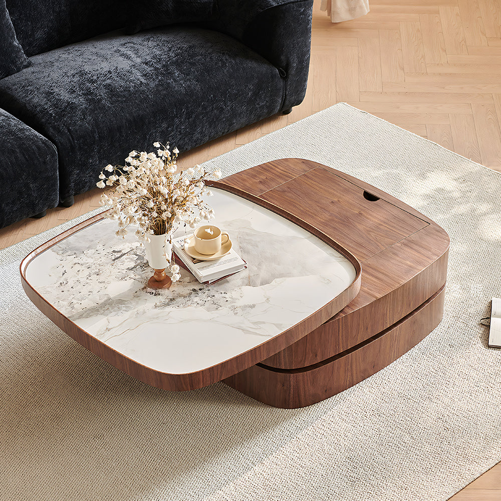 34.7'' Modern Solid Wood Coffee Table with Marble Top Hidden Storage Rounded Minimalist Design