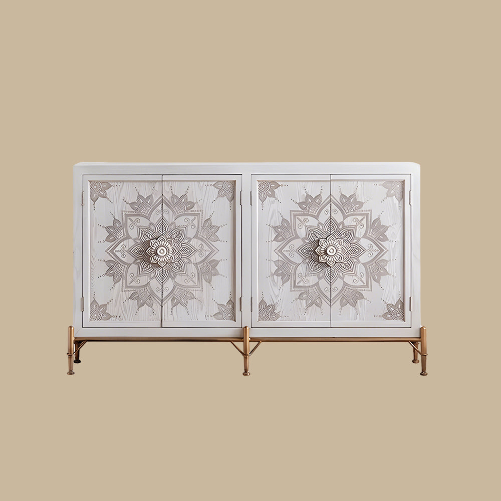 61'' Boho Mandala Carved Sideboard Cabinet White Washed Wooden Buffet Storage with Metal Base Decorative Accent Console