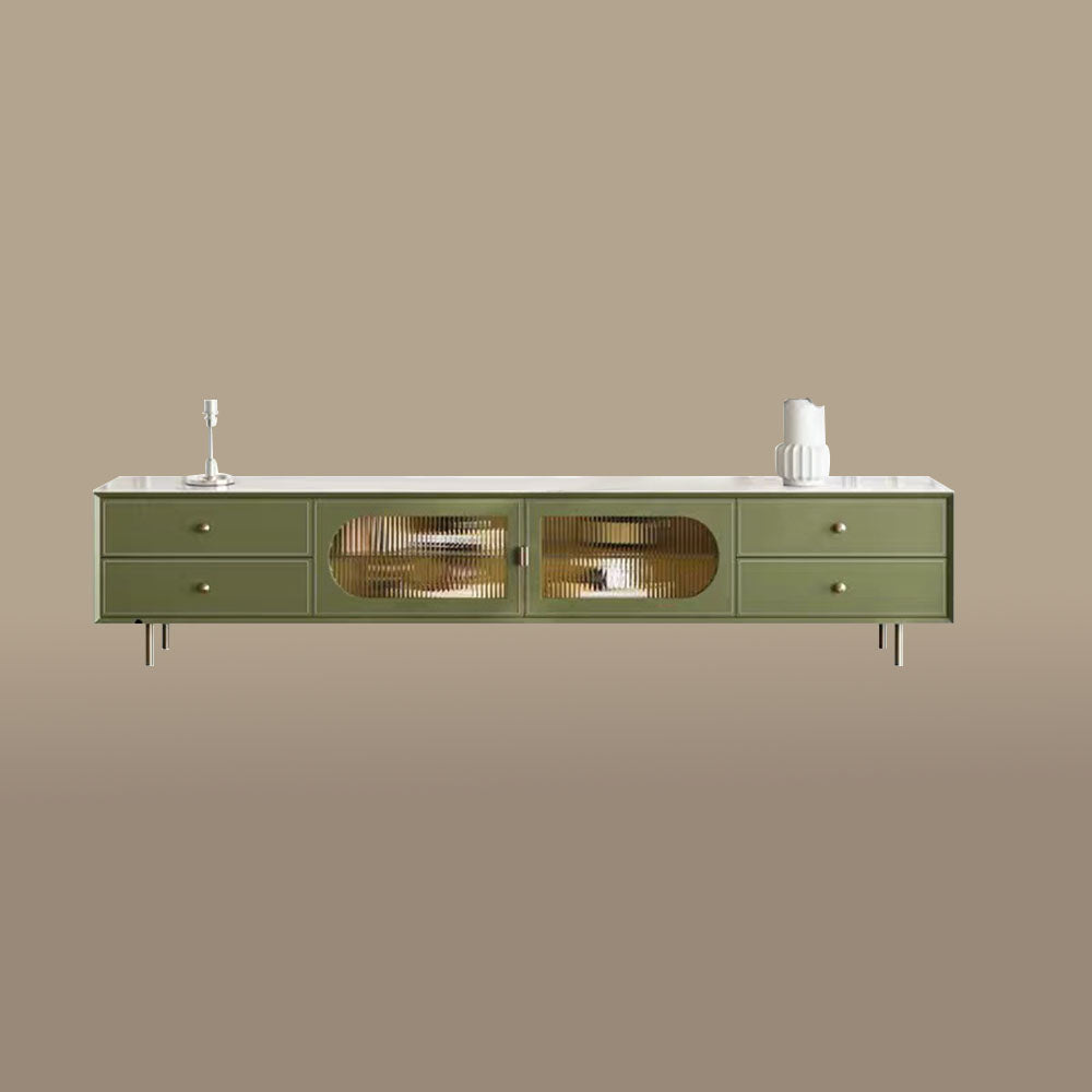 70.87" Modern Green TV Stand with Gold-Ribbed Glass Doors & Storage Drawers