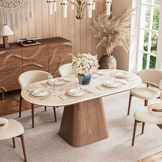 Walnut & Sintered-Stone Dining Set Oval Table + Matching Sideboard Cabinet