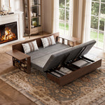 Load image into Gallery viewer, Modern storage sofa bed in grey fabric with smooth clean lines, front view
