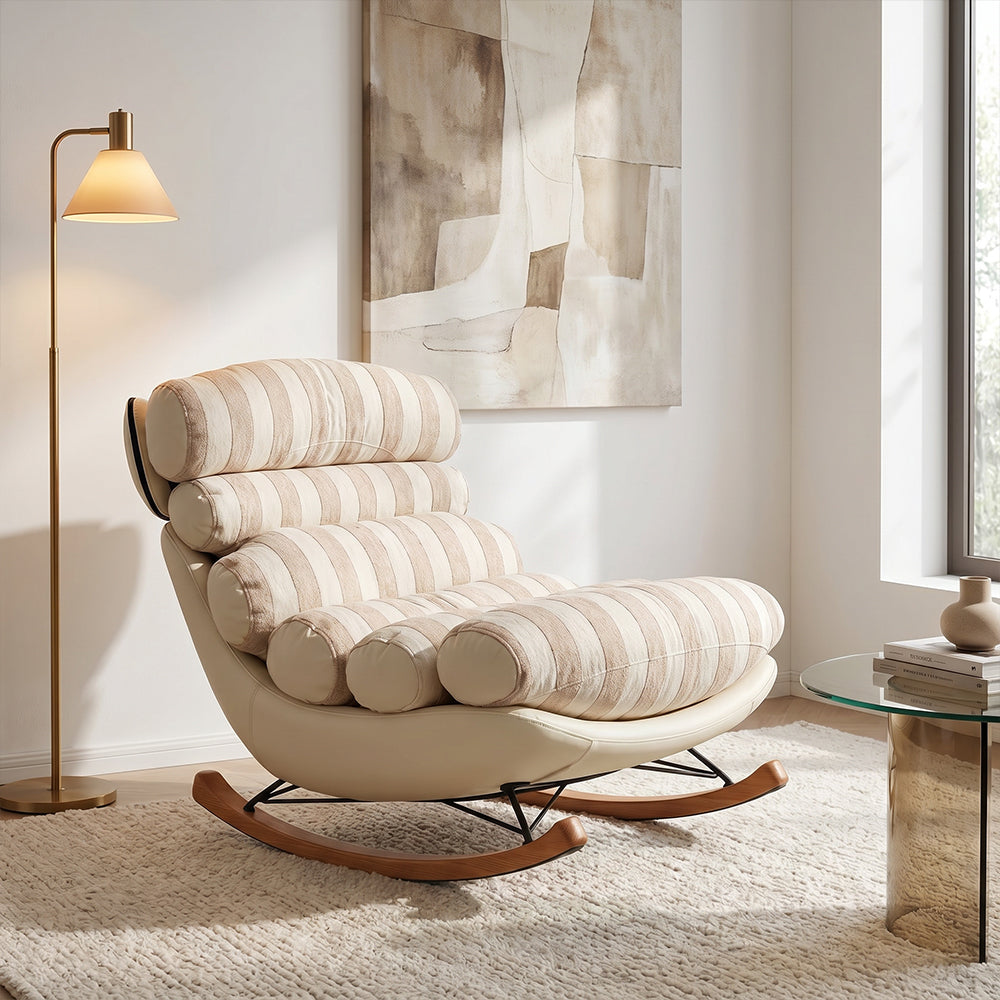 Modern Striped Rocking Lounge Chair with Plush Cushion and Solid Wood Rockers