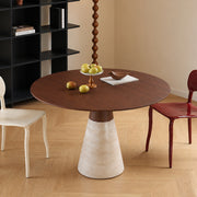 Modern Round Dining Table with Walnut Veneer Top & Travertine-Inspired Pedestal Base
