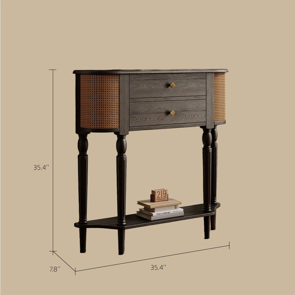 35.4'' Modern Entryway Console Table with Rattan Panels Black Wood Hallway Table with 2 Drawers & Lower Shelf Decorative Accent Table