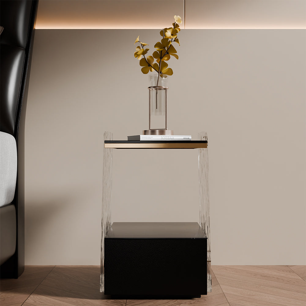 Modern Sculptural Nightstand Bedside Table with Scratch Resistant Leather & Smart Sensor Lighting