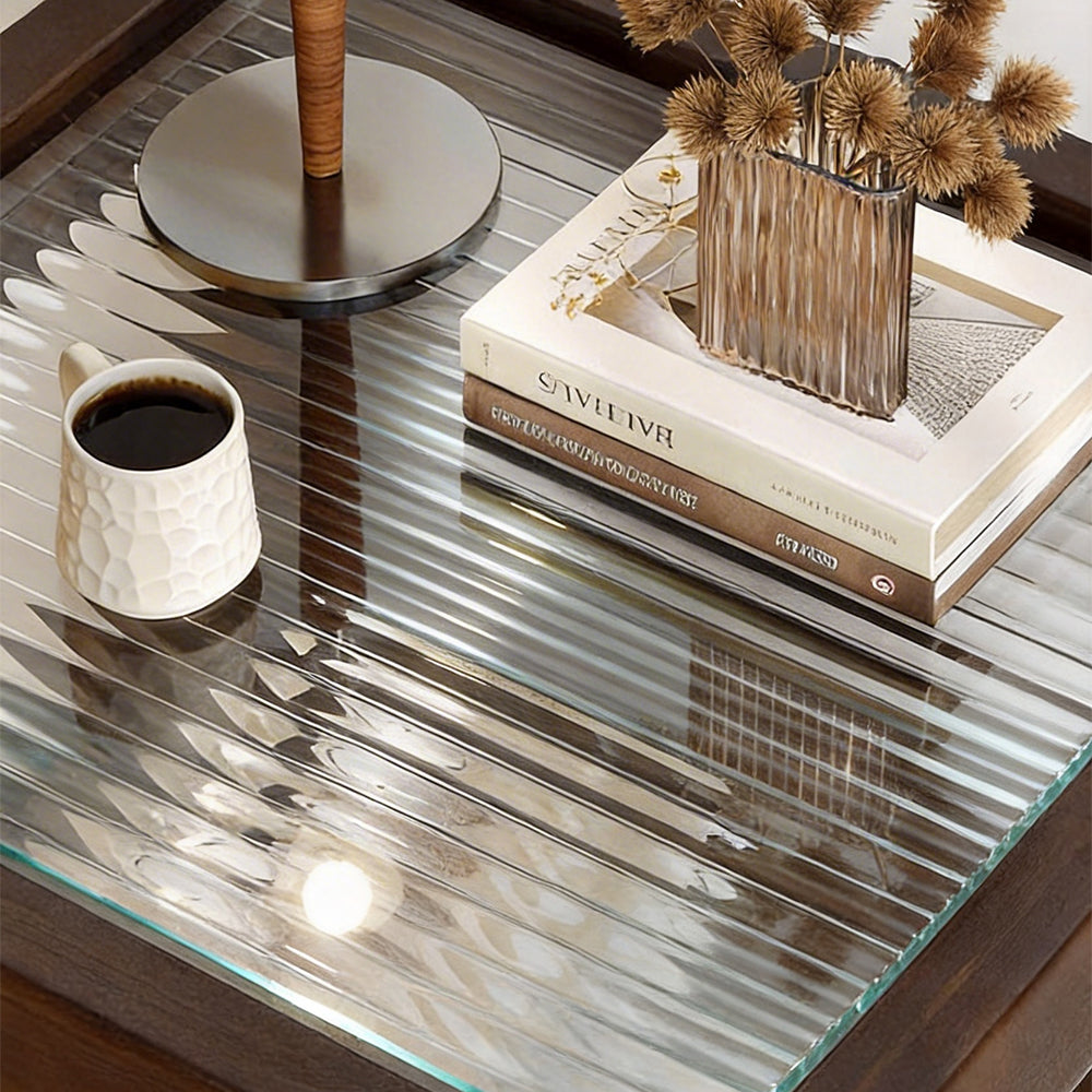 Modern Solid Wood Bedside Table with Fluted Glass Top Multi Layer Storage Nightstand