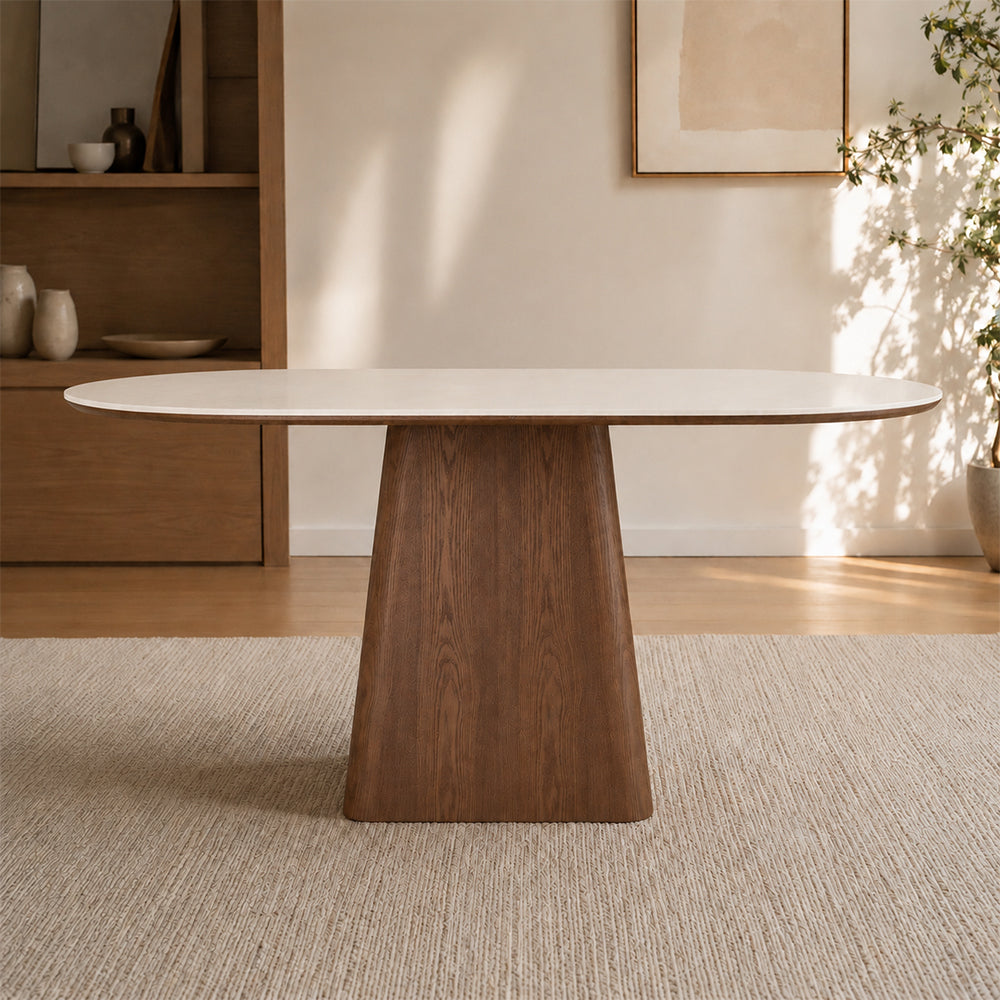 Oval Dining Table Solid Wood Walnut Veneer Base Scratch Resistant Sintered Stone Top Modern Stylish Design