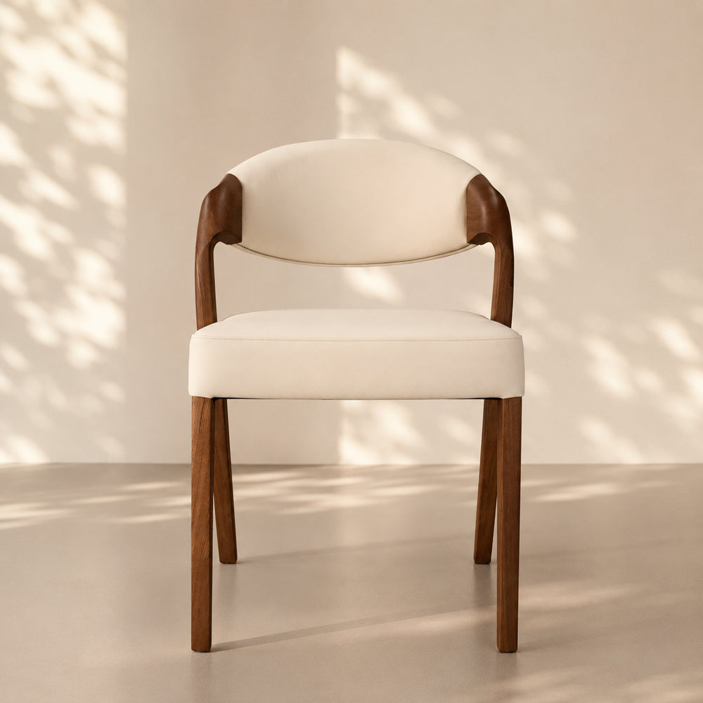 Modern Minimalist Dining Chair Set of 2 Elegant Cream Upholstery & Sculpted Wood Frame