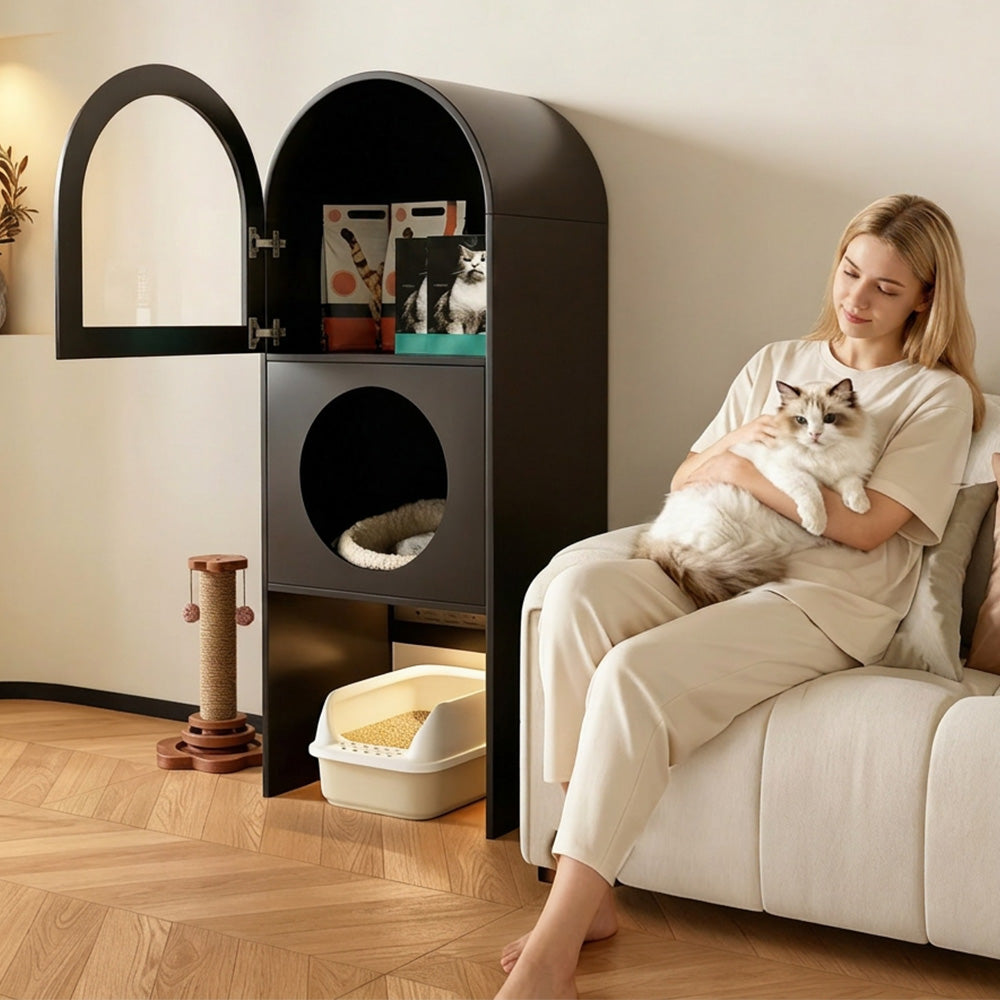 Modern Arched Pet Storage Cabinet Cat House Feeding Station Multi Functional Storage Unit