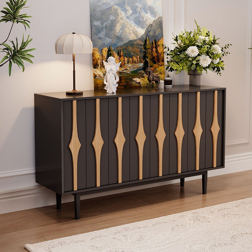62.9'' Modern Black & Natural Wood Sideboard Cabinet with Decorative Slatted Doors