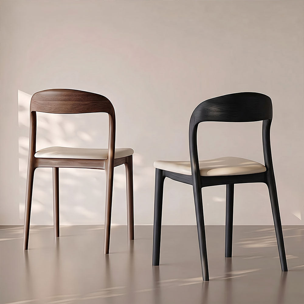 Modern Minimalist Dining Chair Faux Leather Seat Solid Wood Frame Black and Beige Accent Chair 1 Piece