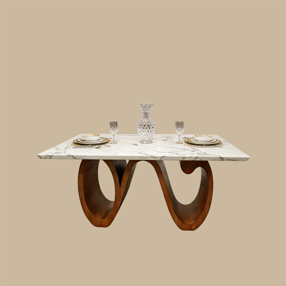 Modern Sintered Stone Dining Table with Sculptural Solid Wood Base Kitchen Table for 6