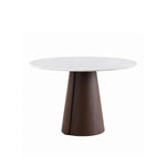 Load image into Gallery viewer, Modern Round Dining Table with Walnut Veneer Top &amp; Travertine-Inspired Pedestal Base
