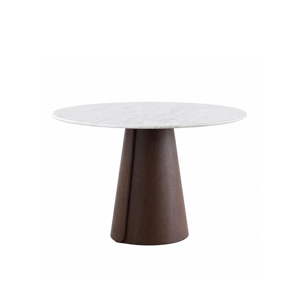 Modern Round Dining Table with Walnut Veneer Top & Travertine-Inspired Pedestal Base