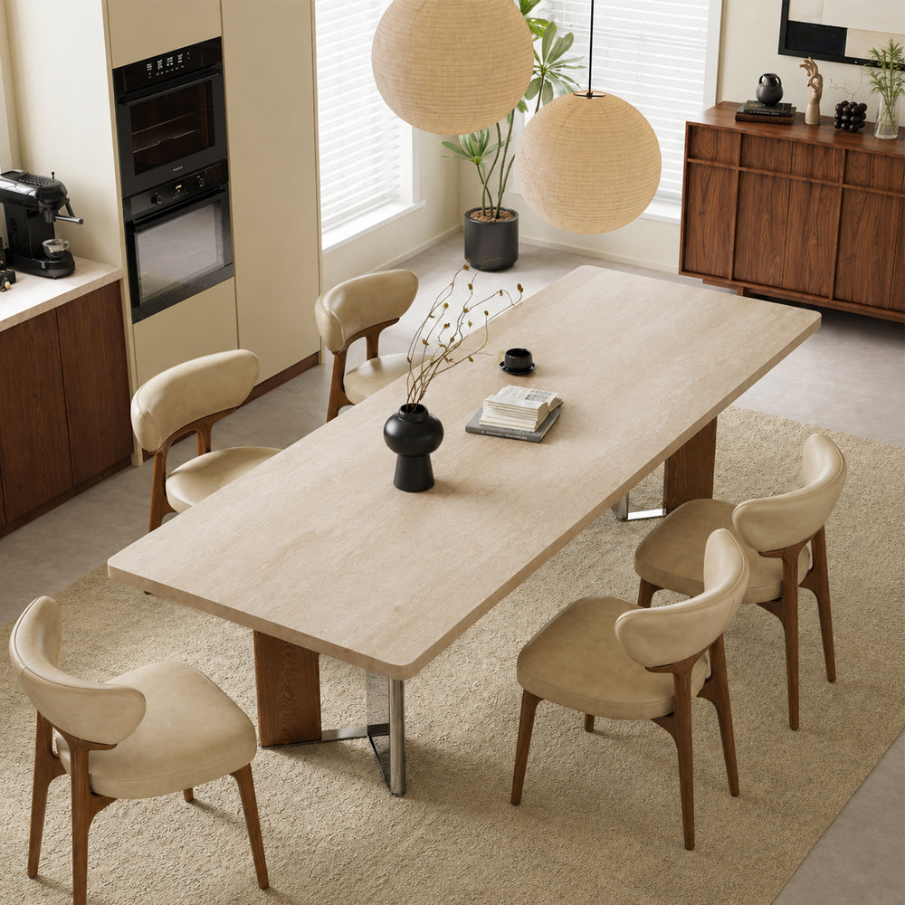 Modern Rectangular Dining Table with Sintered Stone Top and Mixed Wood Metal Base