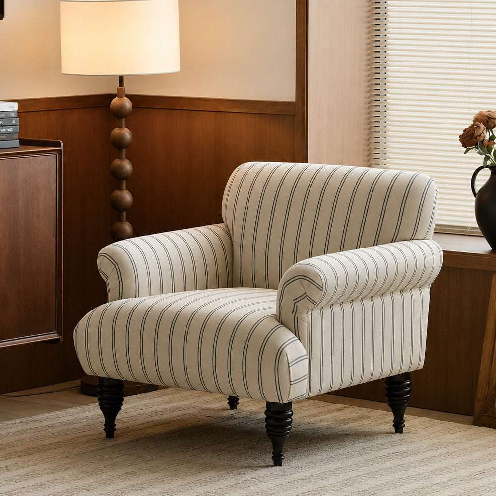 Classic Coastal Striped Rolled Arm Accent Chair for Living Room