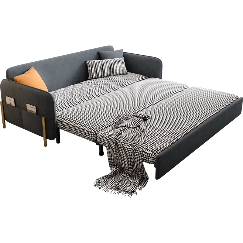 Gray sofa bed with a blanket and pillows on a white background