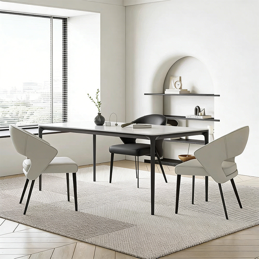 2PCS Modern Curved Upholstered Dining Chair Leather Accent Armchair with Black Metal Legs