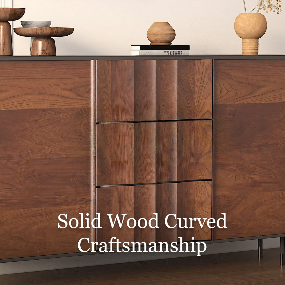 62.9'' Modern Walnut Sideboard Fluted Wood Storage Cabinet with Metal Frame and Doors