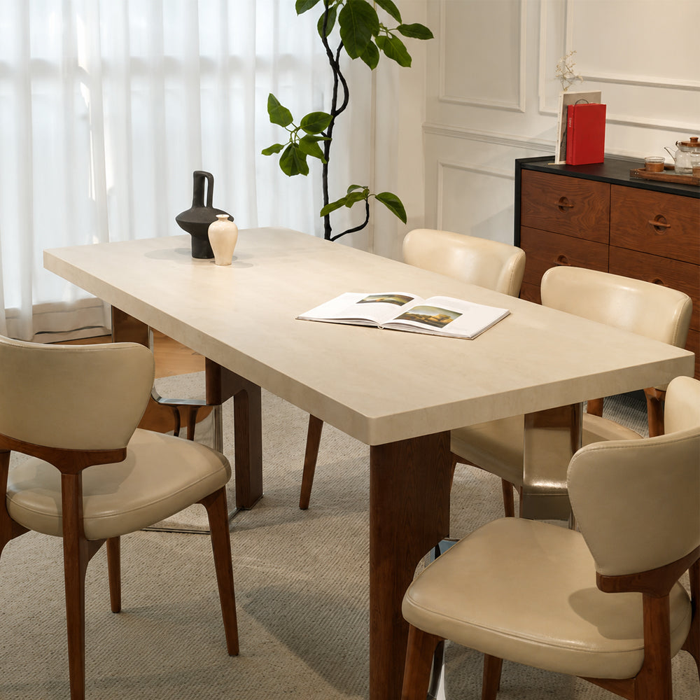 Modern Rectangular Dining Table with Sintered Stone Top and Mixed Wood Metal Base