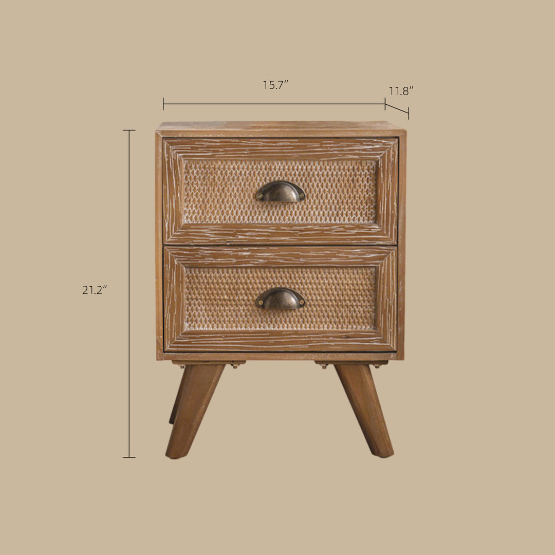Vintage Distressed Wood Nightstand with Rattan Drawer Front Mid Century Bedside Table with Tapered Legs
