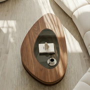Modern Oval Wood Coffee Table with Glass Inlay Sculptural Layered Base